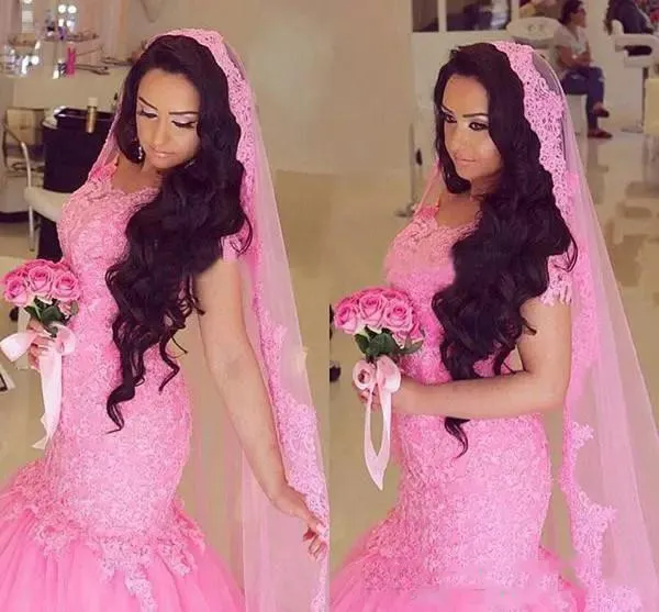 Vestidos de casamento de sereia de renda cor-de-rosa 2018 mangas tampão de verão mangas nupciais vestidos de panela feitos sob encomenda trens africano casamento vestidos frete grátis