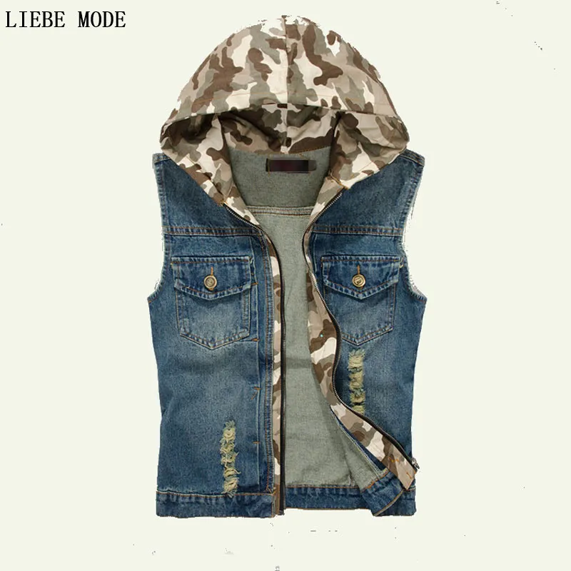 Männer Denim Weste Ärmellose Jean Jacke Camouflage Mit Kapuze Koreanische Mode Herren Denim Weste Jeans Chaleco Hombre