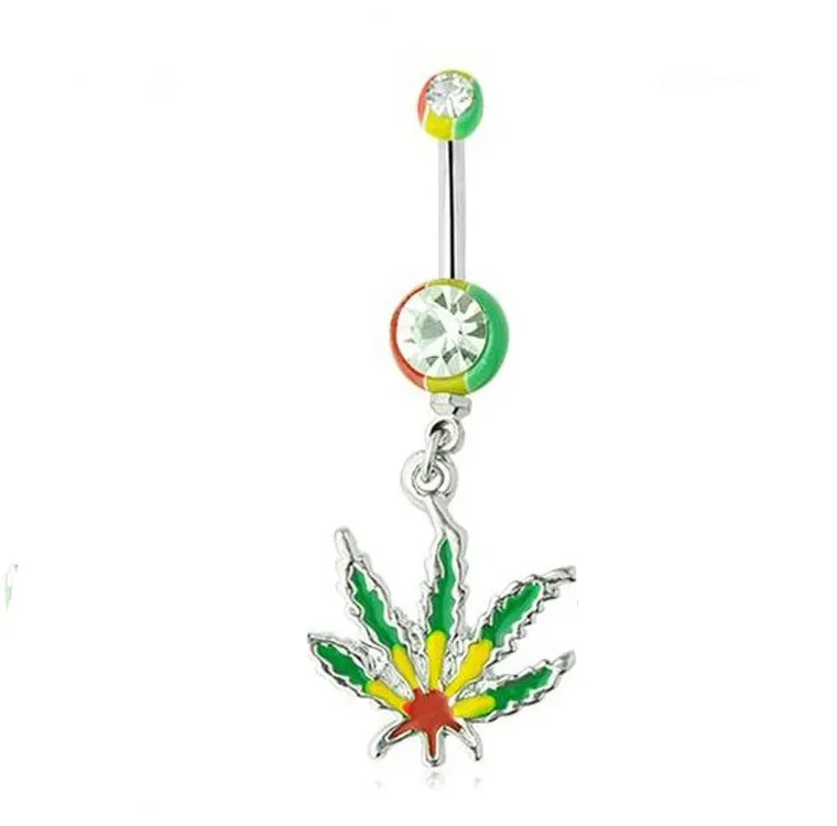 316L Kirurgisk Rostfritt Stål Kristall Rhinestone Belly Button Navel Bar Ringar Ny kropp Piercing Smycken Dangling Maple Leaf Charms