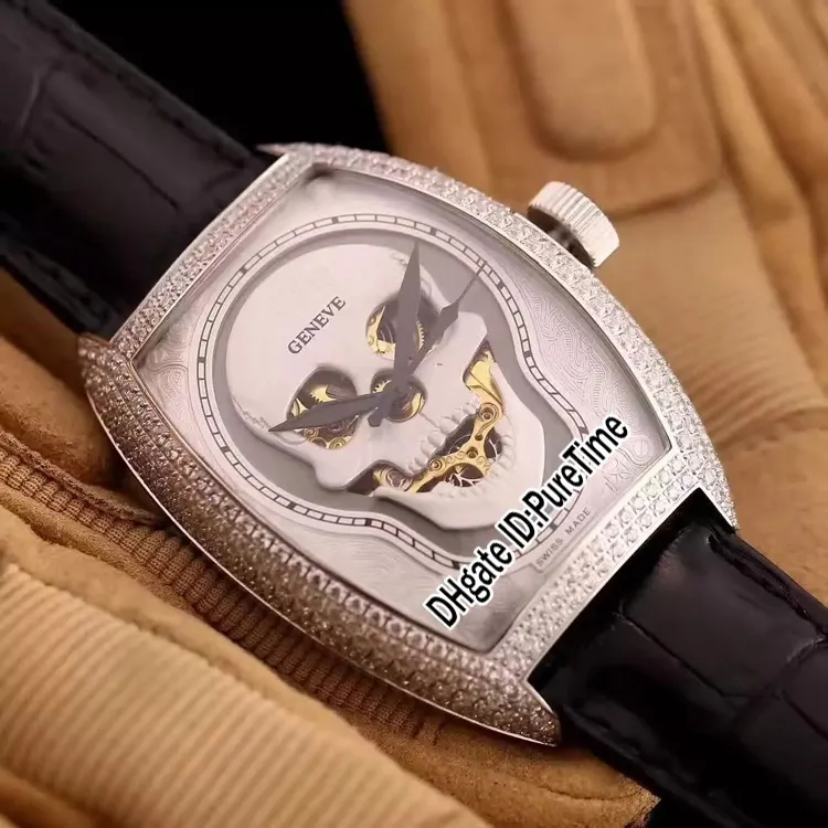 Collezioni Croco di alta qualità Teschio scheletro diamante lunetta tatuaggio argento quadrante automatico orologio da uomo orologi sportivi in pelle economici A71a1