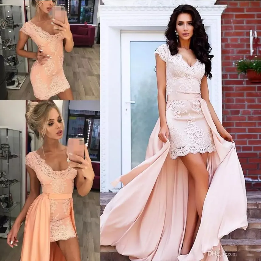 2019 Sexy Głębokie Dekolt Mini Suknie Wieczorowe z odpinanym pociągu Koronkowe aplikacje Krótkie Prom Dresses Custom Made Formal Party Suknie