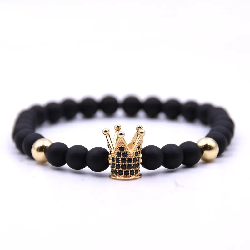 2018 New Trendy Pave CZ King Crown Charm Bracelets Elasticity Adjust Size Men Natural Bianshi Stone Beads For Women Men Jewelry