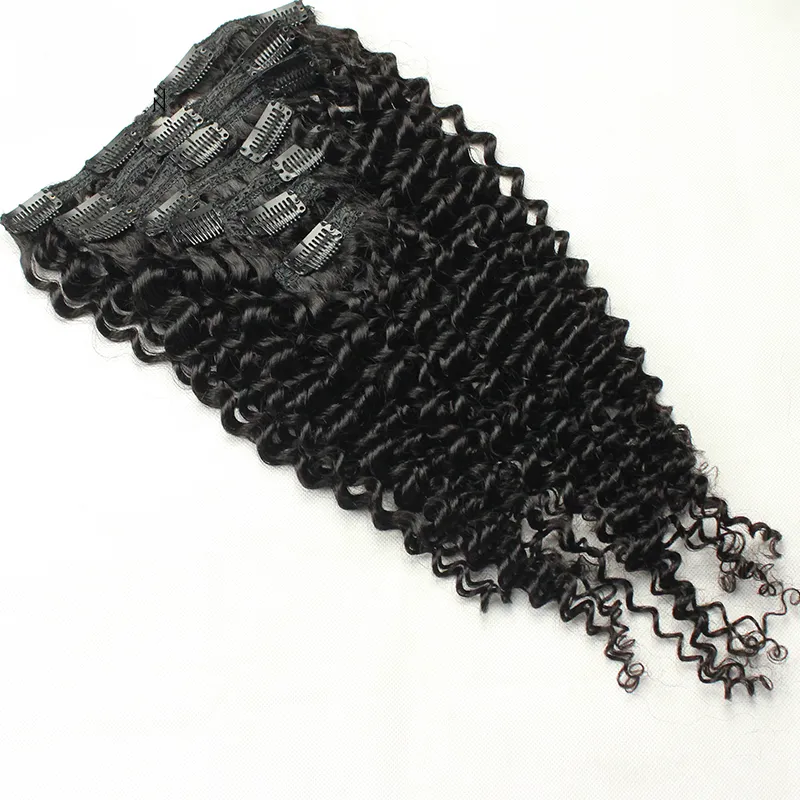 Kinky lockigt hårmaskin gjord remy klipp i mänskliga hårförlängningar tjock naturlig färg 100g lot5033599