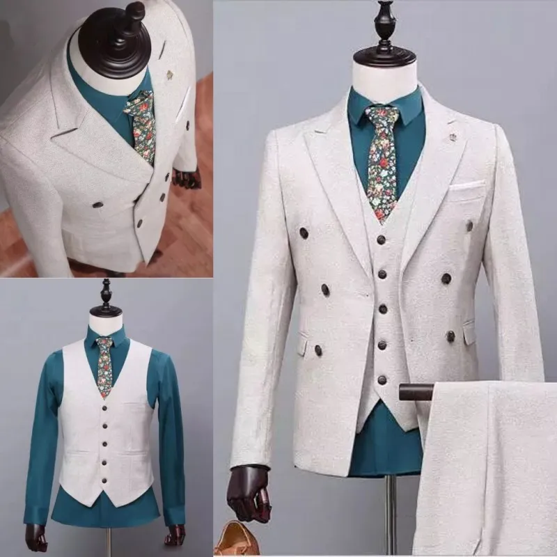 Handsome Beige Groom Suits Wedding Tuxedos Slim Fit Suits For Men Jacket Vest And Pants Three Pieces Formal Suits