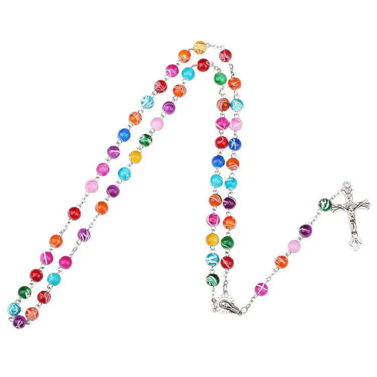 Colorful Polymer Clay Bead Rosary Pendant Necklace Alloy Cross Virgin Mary Centrepieces Christian Catholic Religious Jewelry