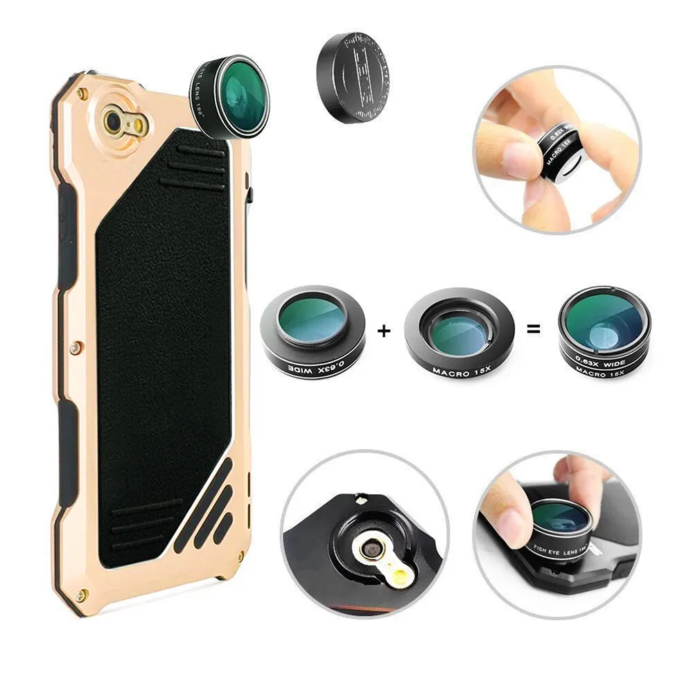 Phone Case Lens for iPhone 8 Plus Protective Back Shell with 3 Separate External Camera Lens Wide-angle Fisheye Macro Cell Phone Lens Case