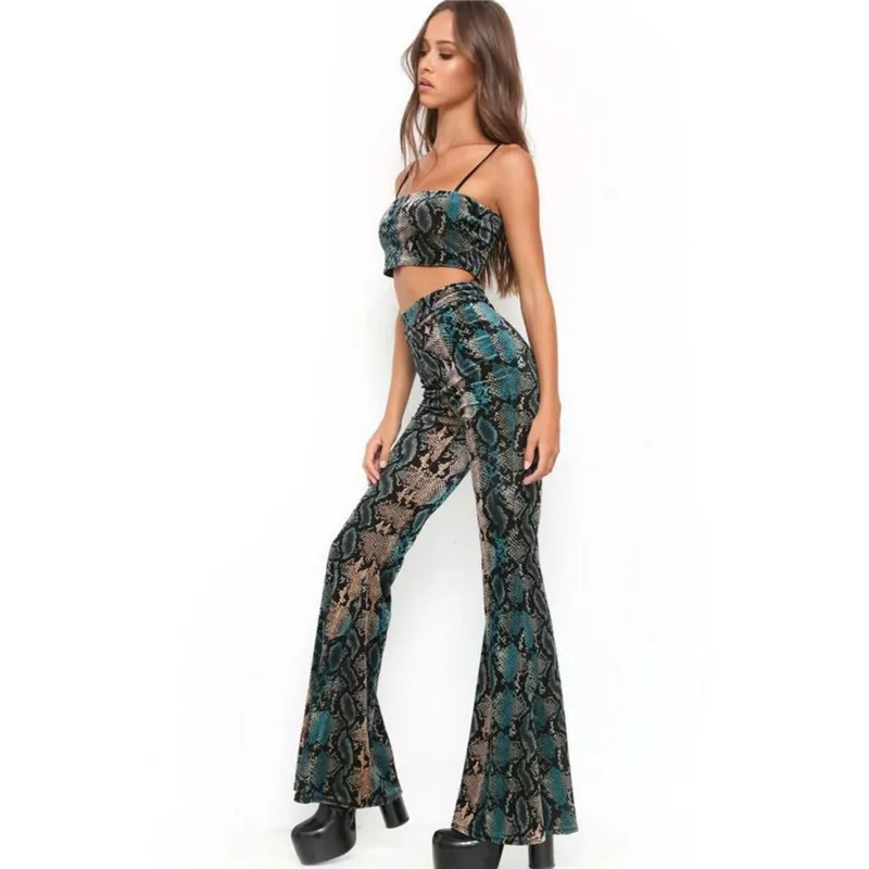 New european fashion women's sexy snake print spaghetti strap crop top vest and flare long pants twinset SML