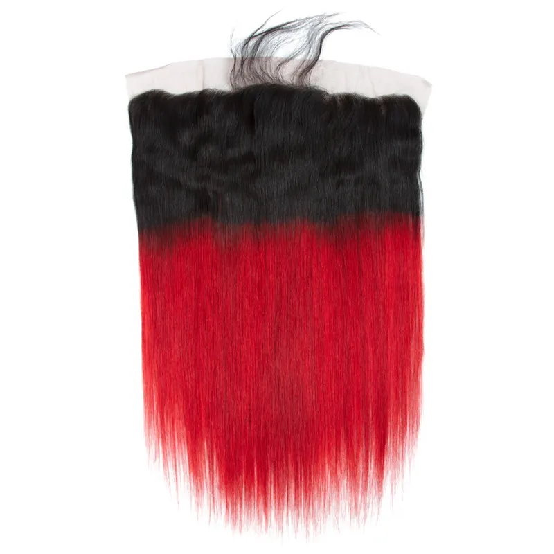 Fasci di capelli vergini brasiliani lisci # 1B / Ombre rossi con fasci di capelli umani rossi Ombre con radici scure frontali con chiusura frontale in pizzo 13x4