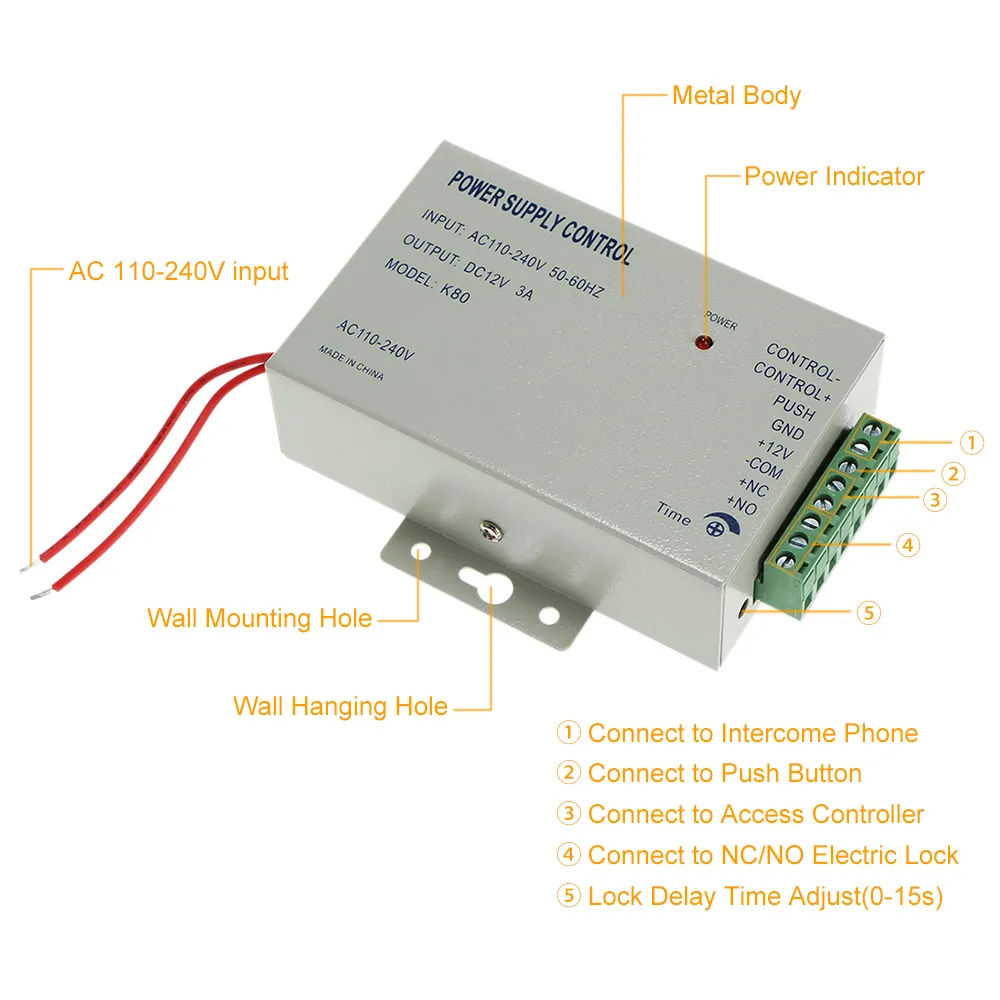 Produktbild von Zutrittskontroll-Netzteil 12 V DC, 3 A – Mit Zeitschaltverzögerung 0–15 S, NC/NO-Ausgänge, 100–240 V AC, Für Elektrische Schlösser & Türsysteme (K80)