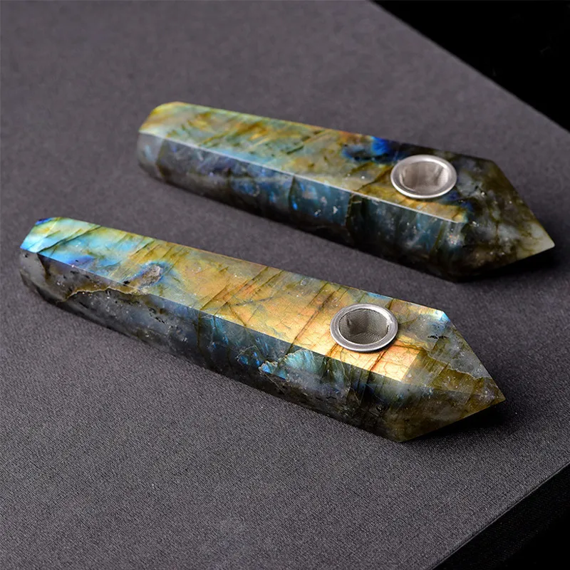 Cura Labradorite Cristal Mineral Pedra Pedra Cachimbo, Tobacco Religioso Cerimonial Tubo, Arrowhead Varinha Mágica Natural Cinza Moonstone Fumaça Da Tubulação