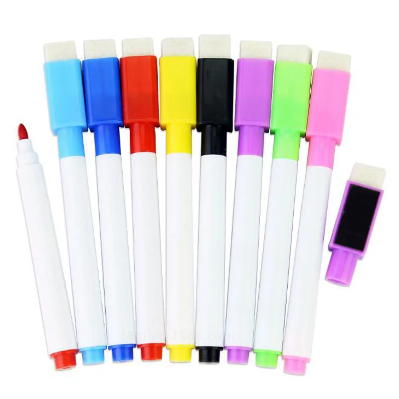 Magnetyczny Whiteboard Pen Whiteboard Marker Dry Wymuszenie White Deska Markery Magnes Pióra Zbudowane w Gumce Office School School School 4 kolory Tusz