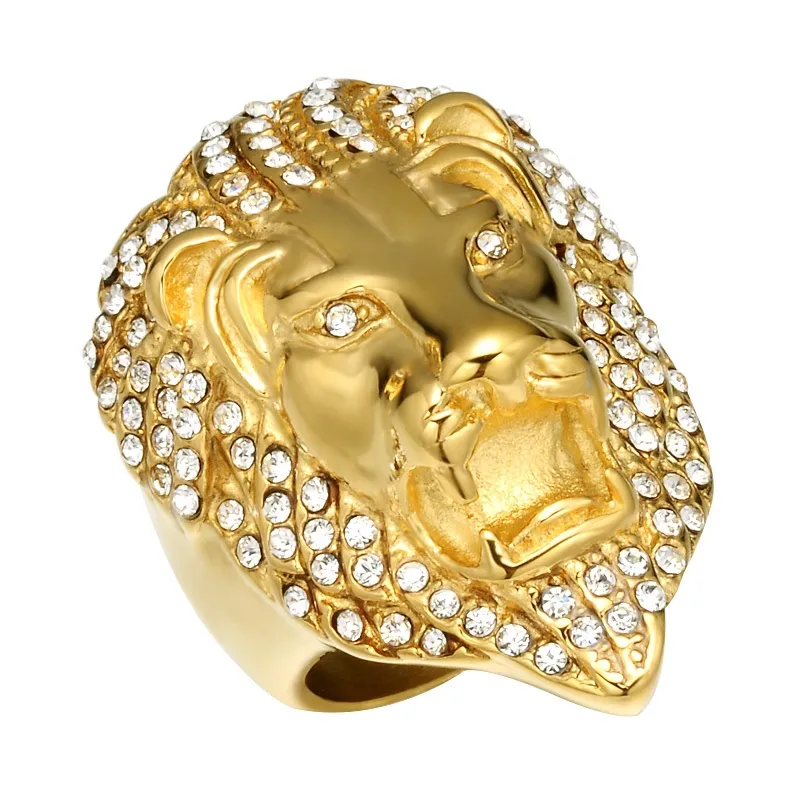 Lujoyce HIPhop Lion Head Ring Micro Pave Rhinestone Iced Out Bling Mens Ring IP Gold Filled Titanium Stainless Steel Rings for Men Jewelry