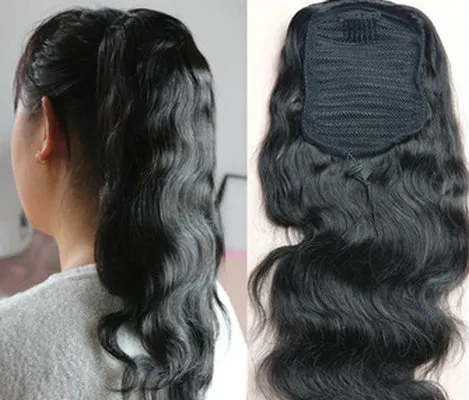 Beleza natural cabelo ondulado brasileiro sopro extensões de rabo de cavalo cabelo humano brasileiro virgem cabelo rabo de cavalo extensão com cordão preto 1b