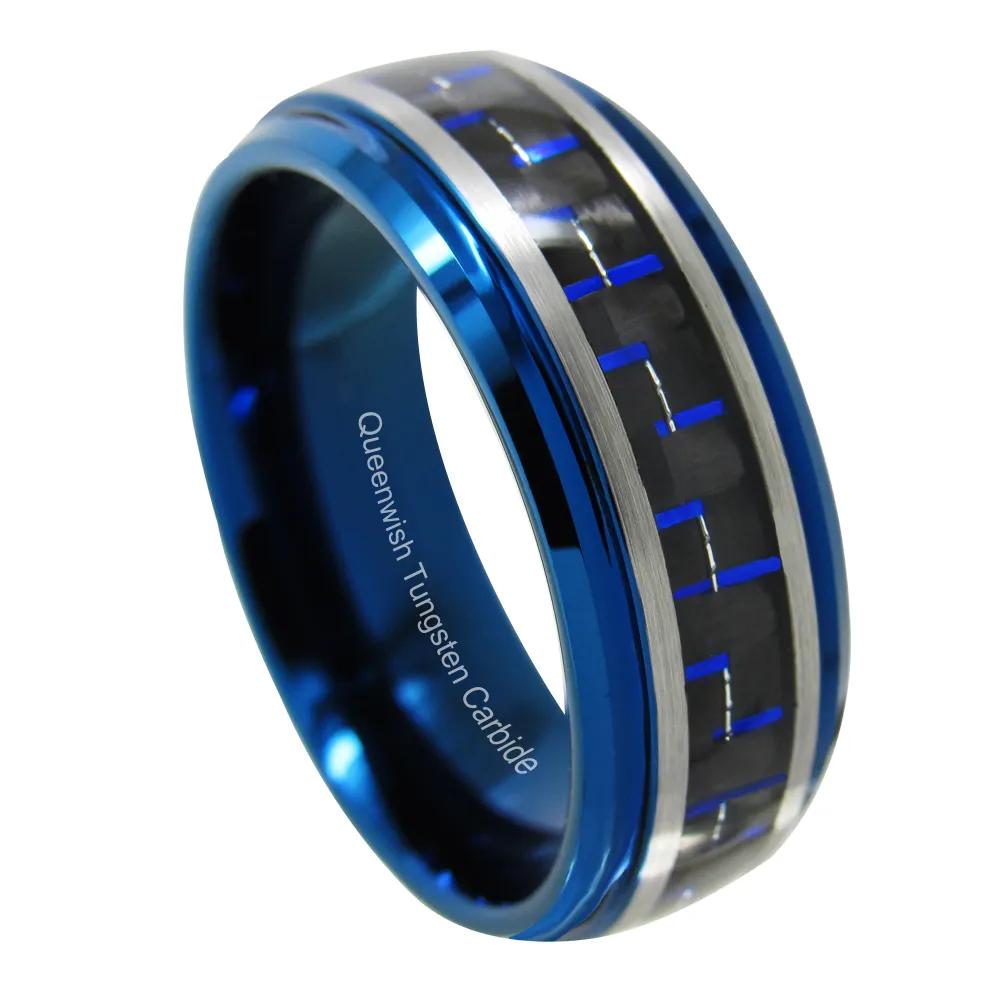 8mm bleu tungstène anneau Slive noir brossé mat bleu rainuré Center Couples anneaux ensemble livraison gratuite