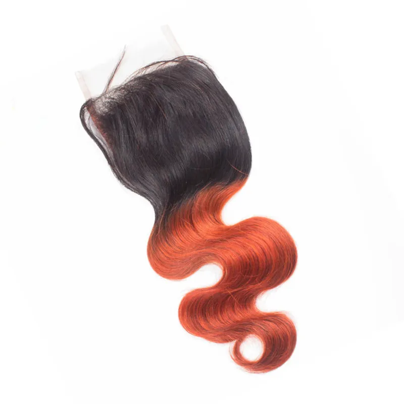 Paquets de cheveux humains Orange Ombre avec fermeture en dentelle T1b 350 cheveux vierges européens 3 paquets et fermeture supérieure deux tons vague de corps double trame