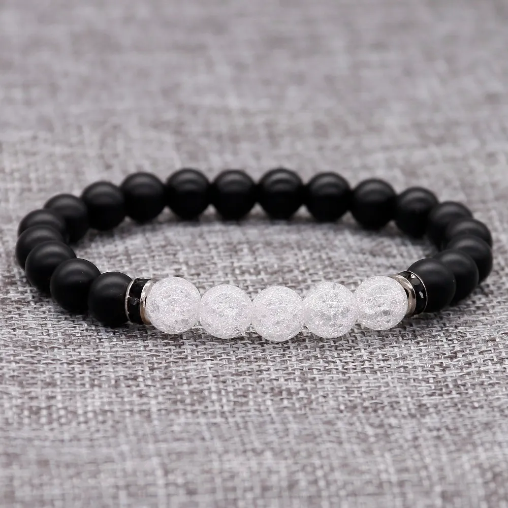 Perline nere opache alla moda da 8 mm con braccialetto di cristallo bianco incrinato per braccialetto con strass per amante dello yoga da donna e uomo