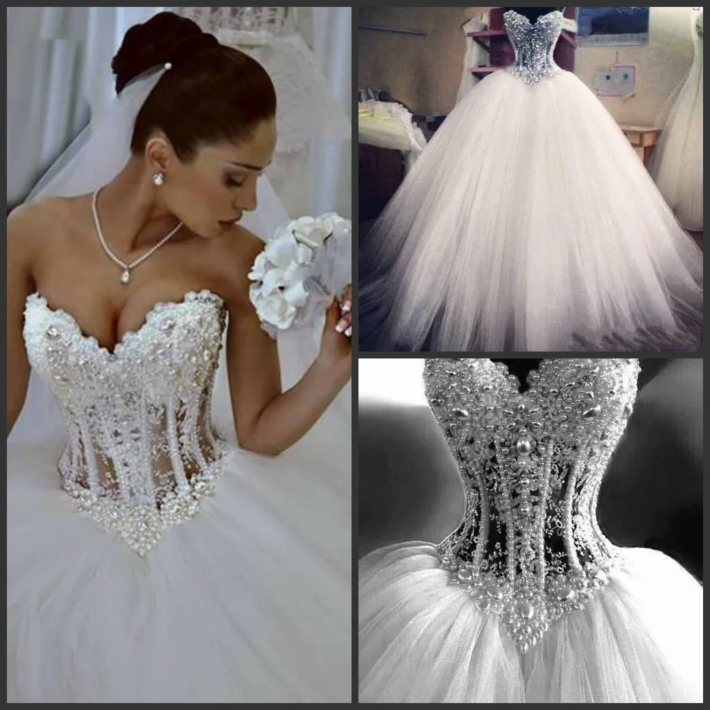 2018 Suknia Balowa Suknie Ślubne Sweetheart Gorset Zobacz przez długość podłogi Princess Bridal Linia Suknie Ślubne Zroszony Perły Custom Made