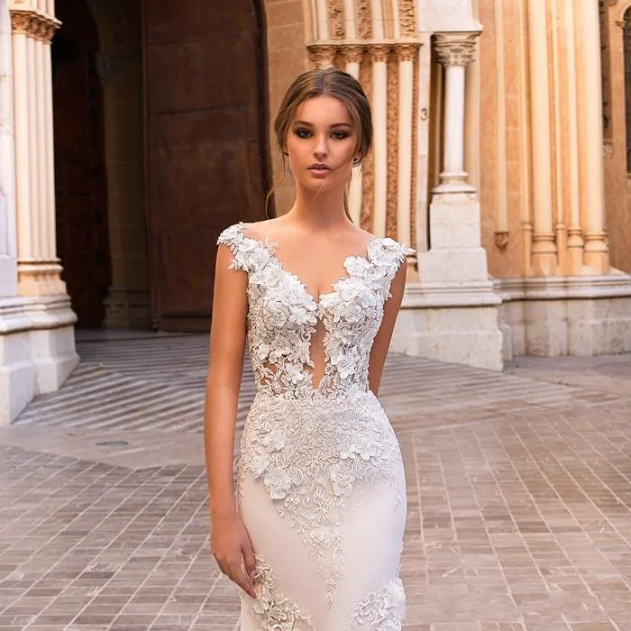 Splendida sirena 2019 abiti da sposa in pizzo trasparente scollo a V maniche ad aletta abiti da sposa bohémien appliqued plus size abiti da nnovia