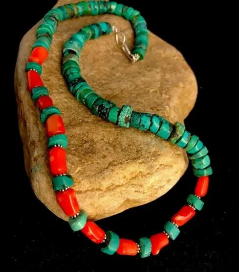 Native Turquoise Heishi Coral Sterling Silver Bead Necklace Rare