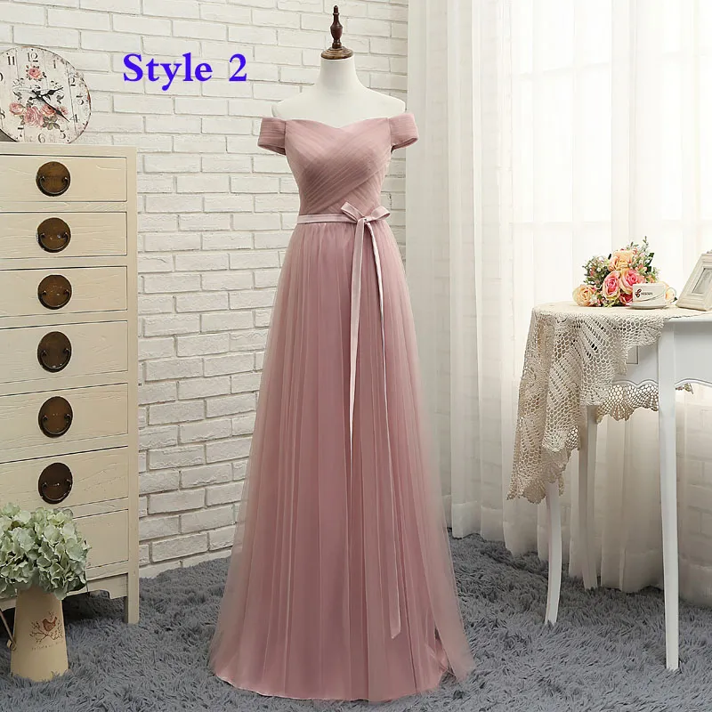 Skräddarsydda Dammiga Rosa Billiga Brudtärna Klänningar Lång Enkel Tulle Maide of Honor Dress With Sleeves China Online Wedding Guest Gowns 2020