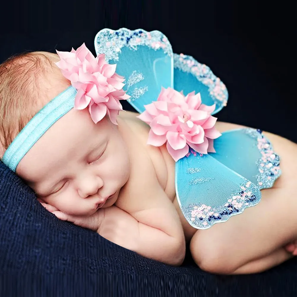 Nouveau-né Photo de bébé Aile papillon avec bandeau de fleurs Set Enfant Photographie Prise de vue en extérieur Costume Bébé Ange Wings Accessoires de cheveux BAW07