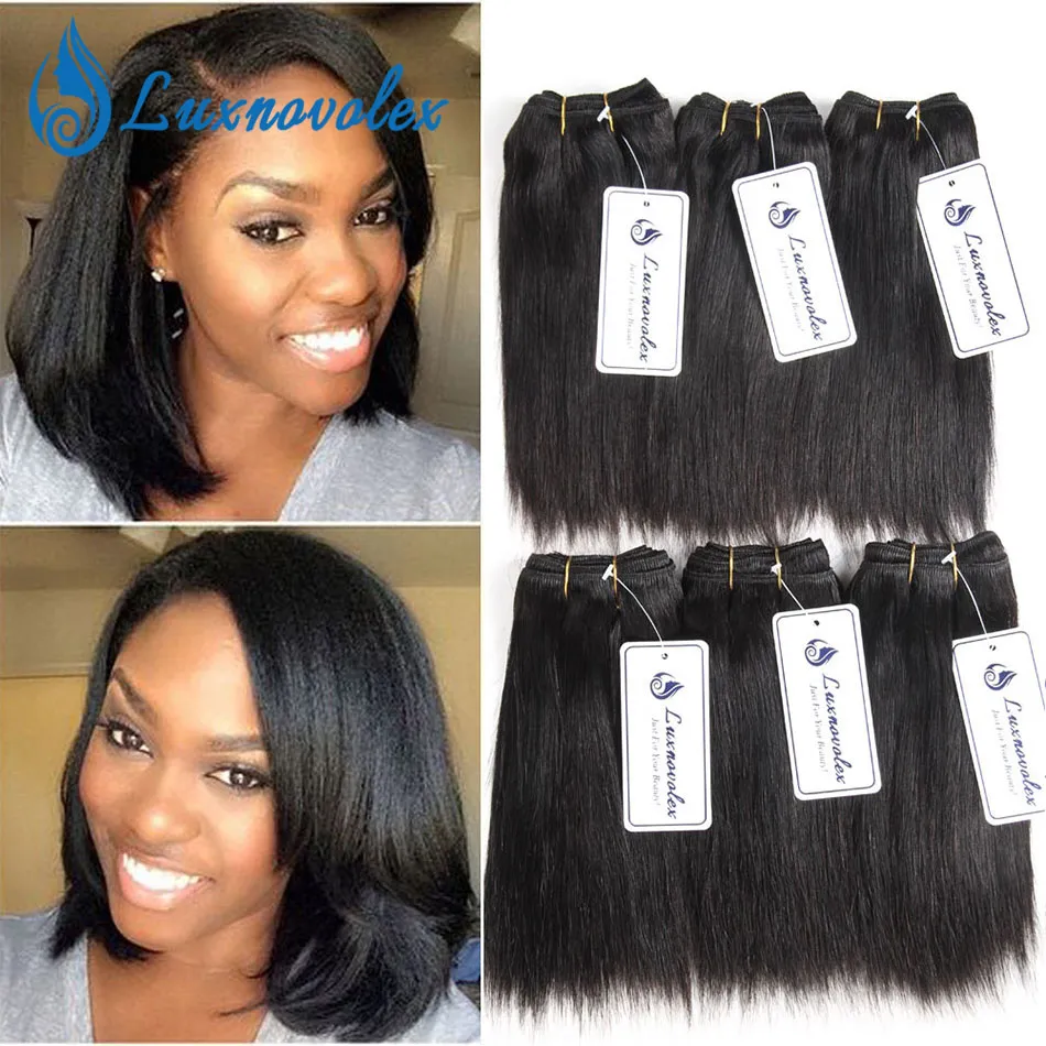 Brasilianska rakt hår 6 buntar Kroppsvåg djupvåg Kinky Curly Short Virgin Human Hair Weave Bundlar 8 tum 50g / bunt Naturlig färg