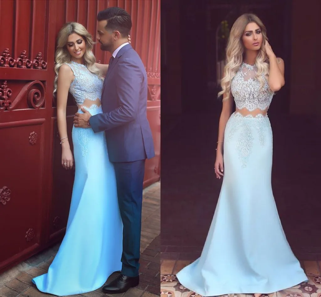 Blue Two Baby Piece Mermaid Prom Dresses Jewel Neck Lace Applique Floor Length Satin Long Formal Party Evening Dress Wear Custom