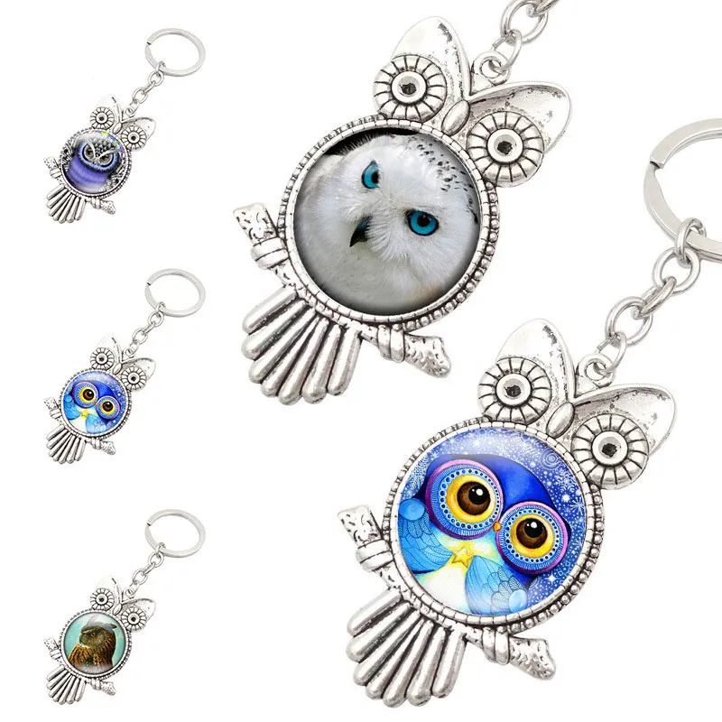 Ancient Silver Owl Shape Glass Cabochon Key Rings Holder keychain Bag Hangs Fashion Jewelry will and sandy