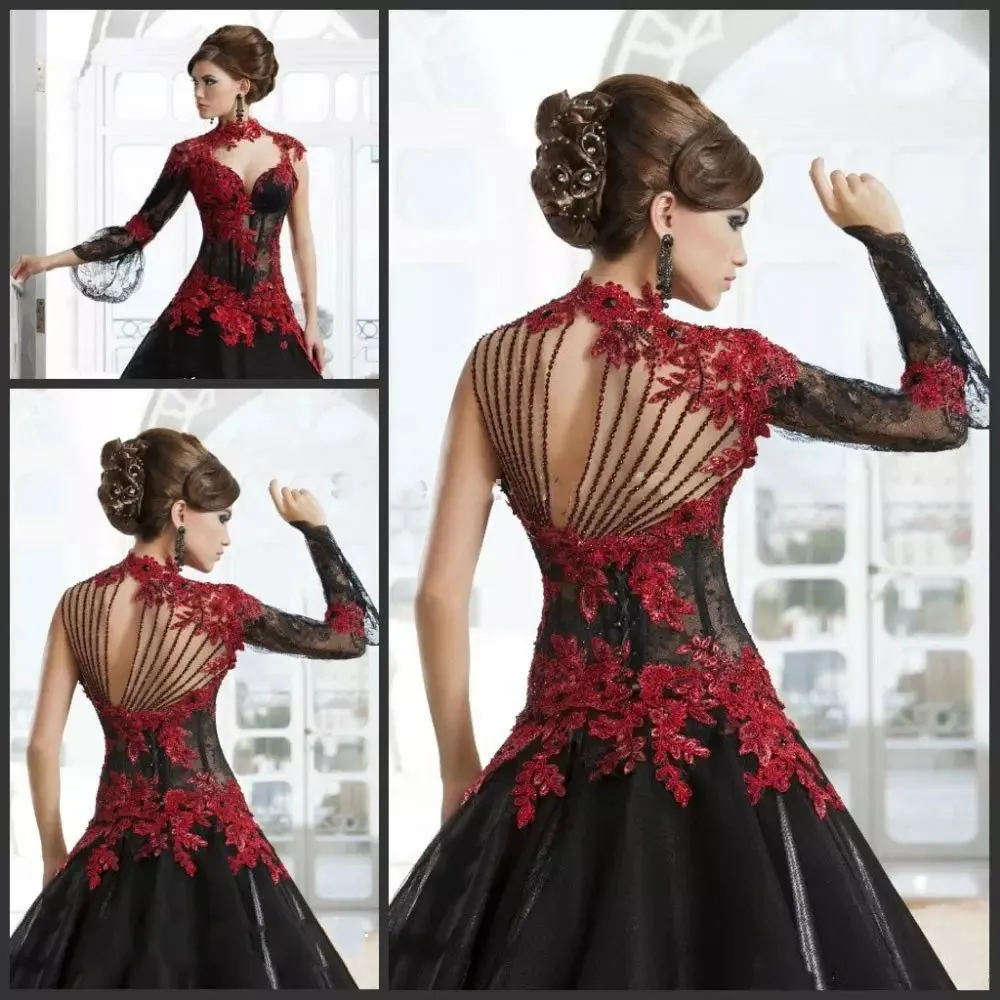 2023 Viktorianisches schwarzes und rotes Gothic-Hochzeitskleid Vintage-Spitze-wulstiges formelles Ereignis-Kleid plus Größen-Tüll-Ball-Brautkleid-Robe de Soiree