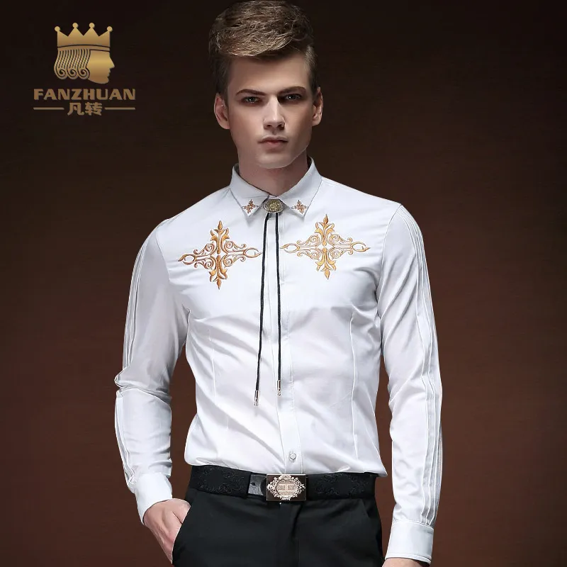 Fanzhuan 2017 Nuova qualità da uomo camicie casual da uomo abito da sposa lussuoso Shirt spiccio sposa da uomo a maniche bianche abiti da uomo a maniche lunghe