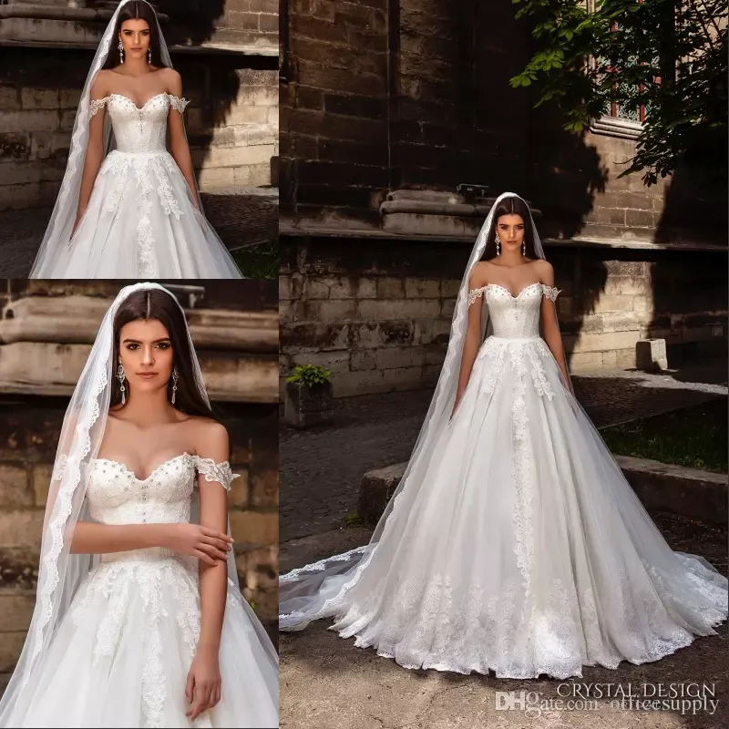 Crystal Design Suknie ślubne z brzemię ramię Ciężko Koronki Zdobione Bodice Princess A Line Ball Suknie Ślubne Suknie Ślubne