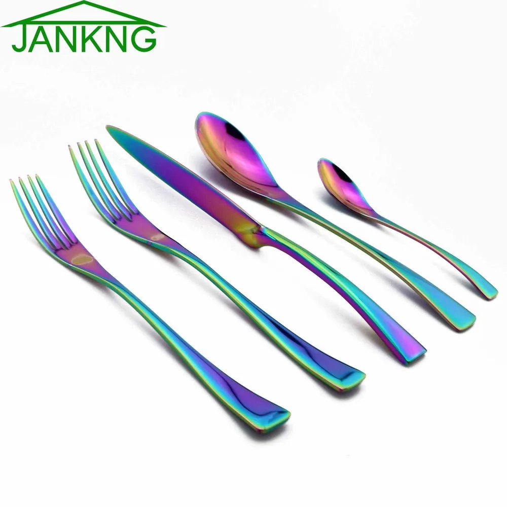 JANKNG 20-Piece 18/10 المقاوم للصدأ أواني الطعام مجموعة rainbow السكاكين عشاء سكين شوكة شوكة ملعقة المائدة خدمة لمدة 4