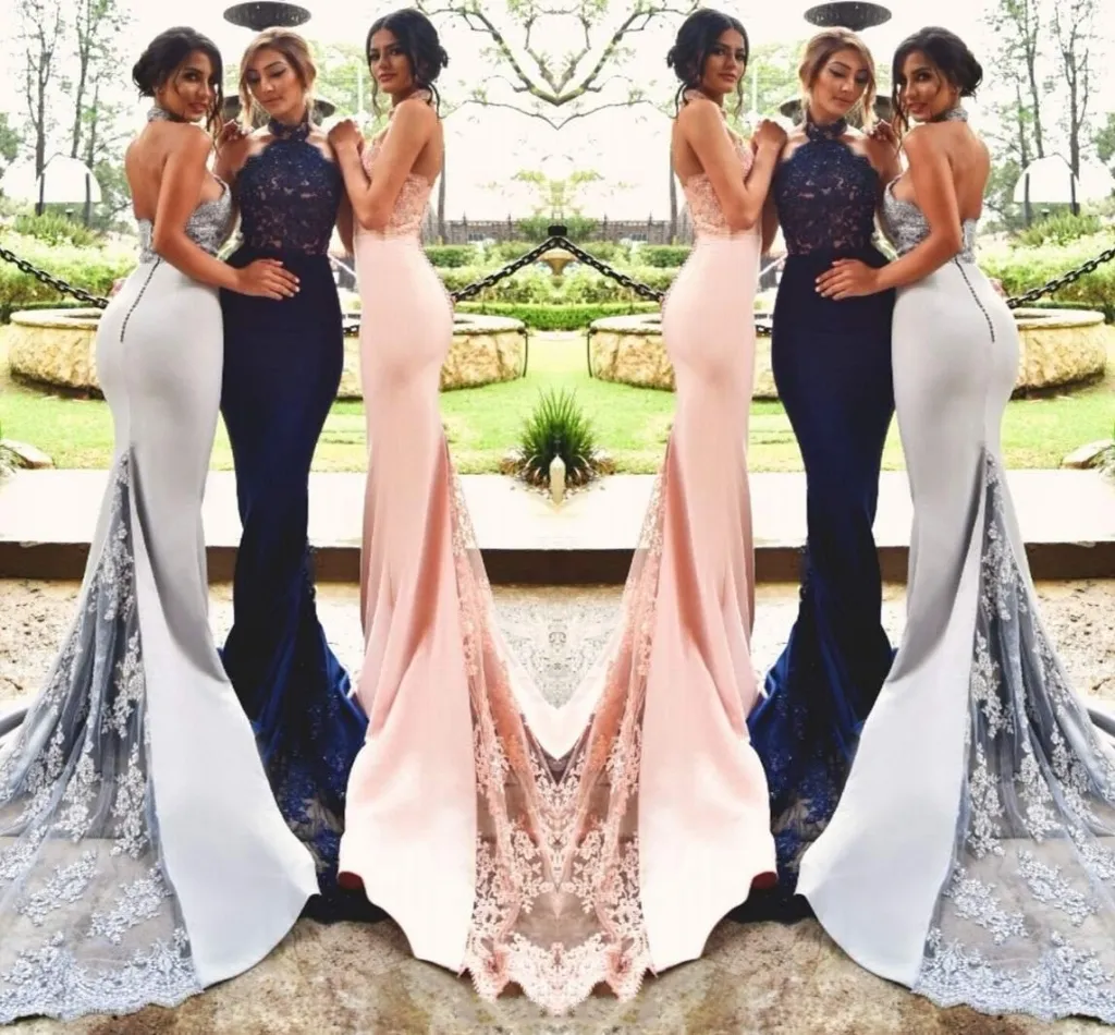 Formal Dresses Modest Mermaid Halter Appliques Beads Backless Trumpet Navy Blue/Blush/Silver Bridesmaid Dresses HY252