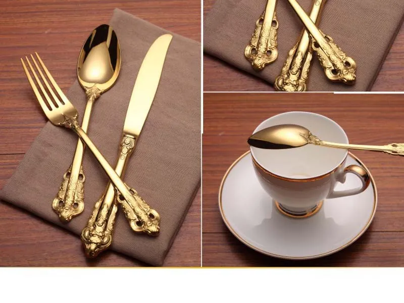 High Quality Luxury Golden Dinnerware Set Gold Plated Stainless Steel Cutlery Set Wedding Dining Knife Fork Tablespoon