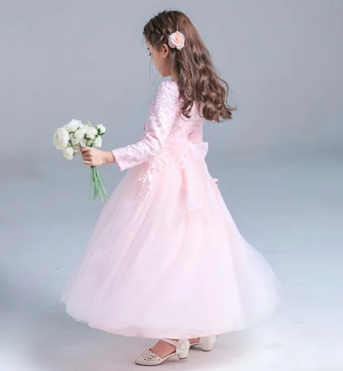 Высококачественные белые платья принцессы, красные кружевные платья для девочек, свадебная юбка с цветочным узором для девочек, платья с длинными рукавами для бала HY084