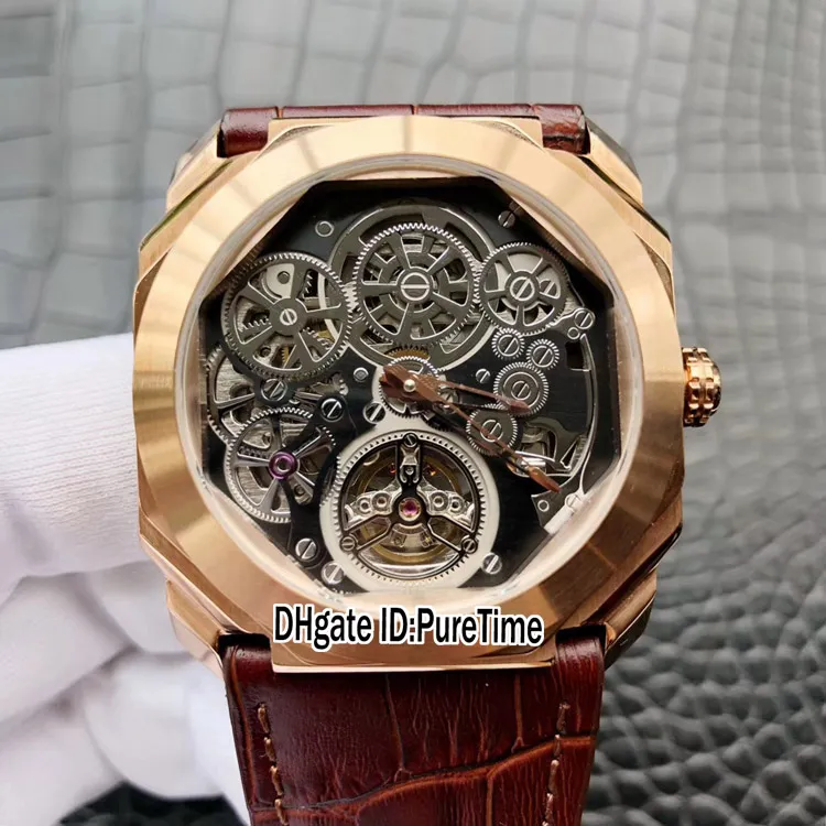 New 42mm OCTO Finissimo Tourbillon 102719 Rose Gold Skeleton Dial Automatic Mens Watch Black Leather Strap Sports Watches High Qua253w