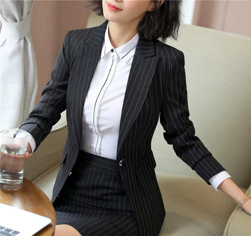 Élégant Bureau Travail Dames Rayé Blazers 2018 Nouveau Printemps Mode Manches Longues Bouton Unique Solide Costumes Veste Ensembles Femmes Blazer Jupe Costume