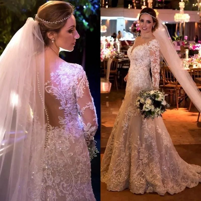 Arábia Dubai Pérolas Beads Vestidos de Casamento Sparkly Cristal Lace Applique Manga Comprida Vestidos de Casamento 2018 Vintage Com Decote Em V Vestido de Noiva Sereia