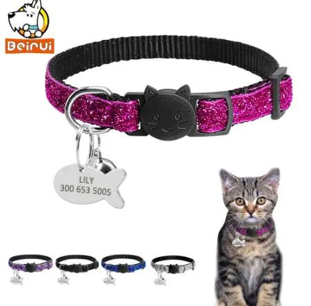 Gorgeous Quick Release Cat Puppy Tag Collar Set Personliga Nylon Dog Collar Graverade Taggar för Små Husdjur Kattunge 1cm Bredd