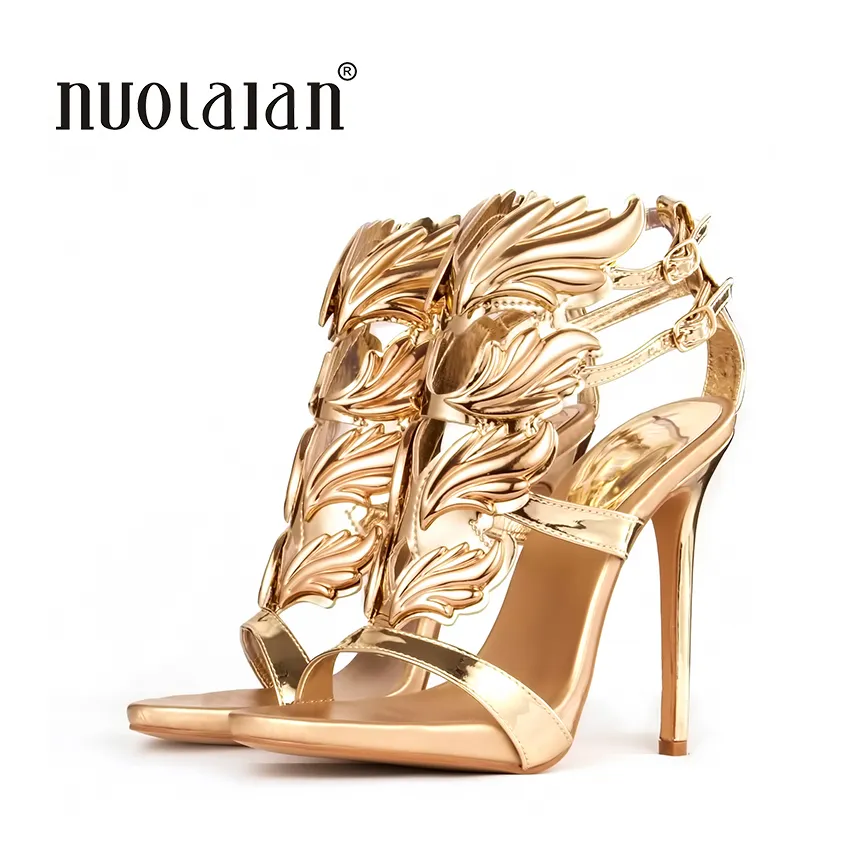 Hot sell women high heel sandals gold leaf flame gladiator sandal shoes party dress shoe woman patent leather high heels MX200407