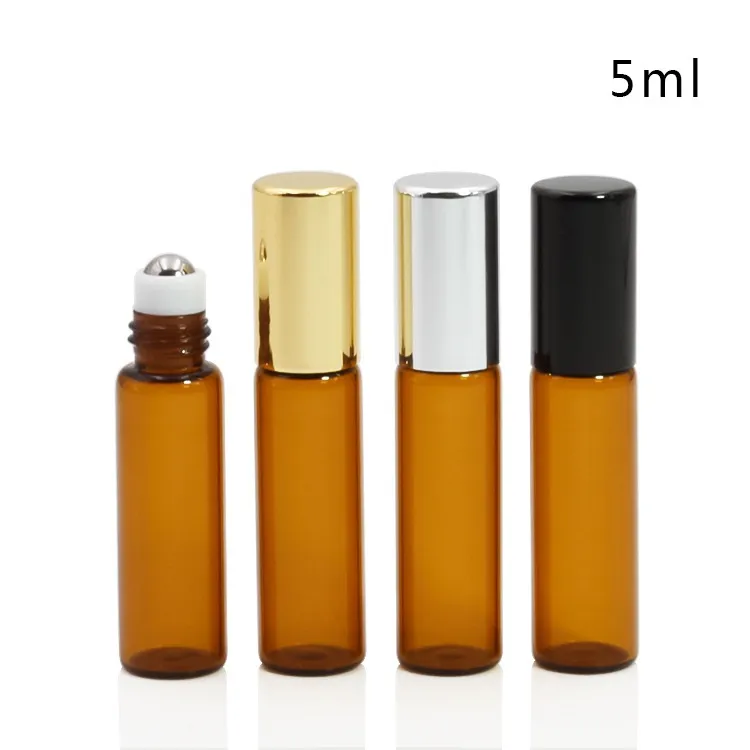 200pcs DHL 3ML 5ml 10ML Mini Roll On Glass bottle fragrance PERFUME Amber Brown THICK GLASS BOTTLES ESSENTIAL OIL Steel Metal Roller ball