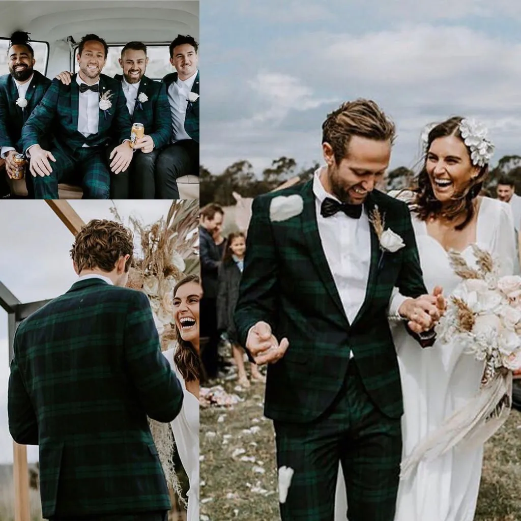 Handsome Dark Green Plaid Check Mens Wedding Suits Peaked Lapel Groom Formal Wear Prom Tuxedos Best Man Blazer Suit Jacket Pants From 77 37 DHgate