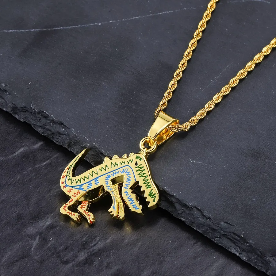 Mode Hip Hop Mens Dinosaur Pendant Designer Halsband smycken Rostfritt stålkedja 18K Guldpläterade halsband för män Women9597179