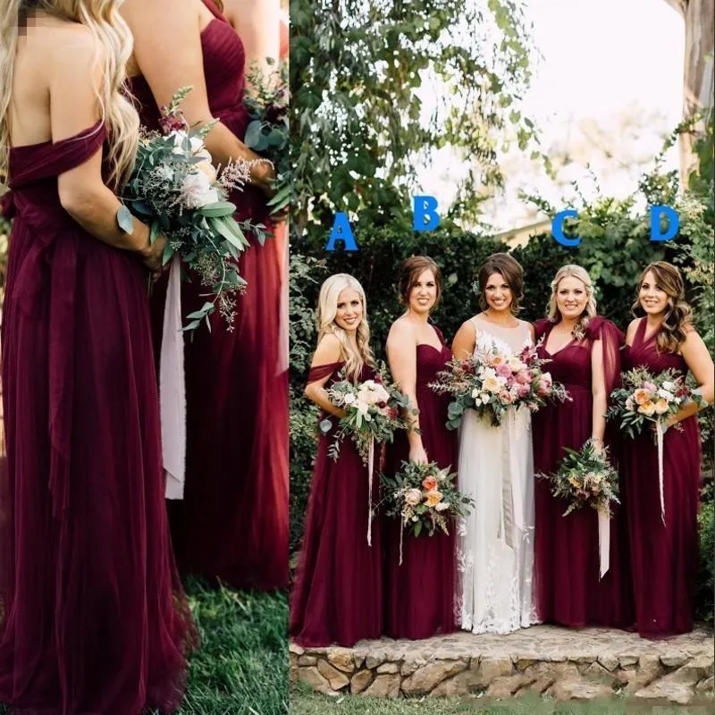 Robes de demoiselle d'honneur bordeaux Tulle 2020 Une ligne recouvrable multi-voies une épaule chérie licou demoiselle d'honneur robe pays tenue de mariage