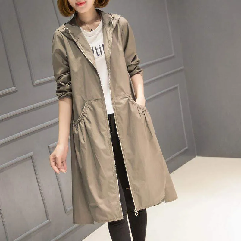 2019 Spring and Autumn New Hood Mid length over knee thin trench coat women s loose fitting large size coat long plus size