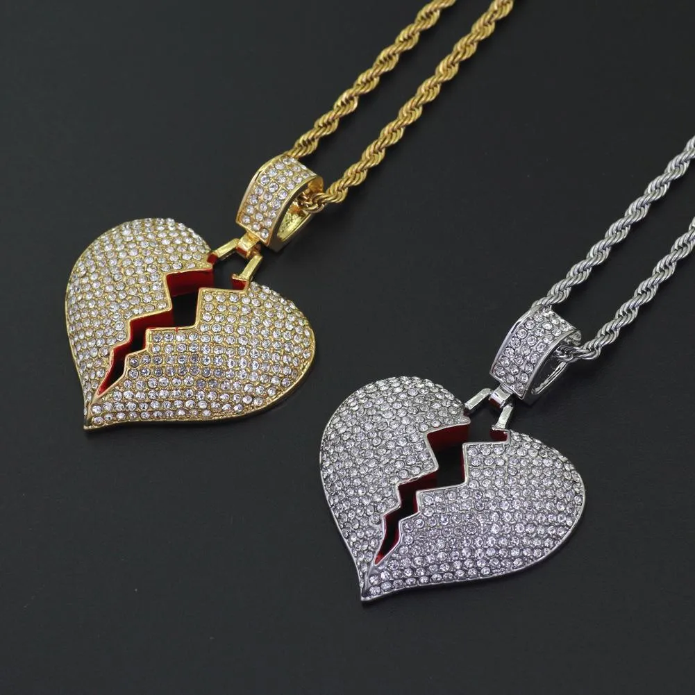 Nouveau collier pendentif coeur brisé de haute qualité colliers Hip Hop entièrement glacé strass Bling femmes hommes bijoux avec chaîne de 24 "