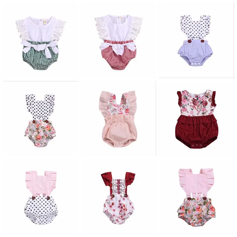 Baby tjejer kläder barn spetsar bowknot rompers sommar patchwork plaid triangel jumpsuits nyfödda ärmlösa onesies härliga outfits yp616