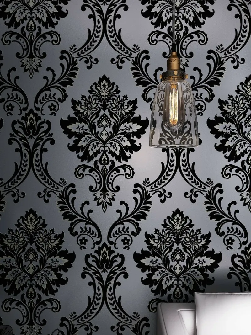 Hot Selling Unique Classic Mystery Black Velvet Velvet Flocking Damask Wallpaper Textil Wallcovering för heminredning