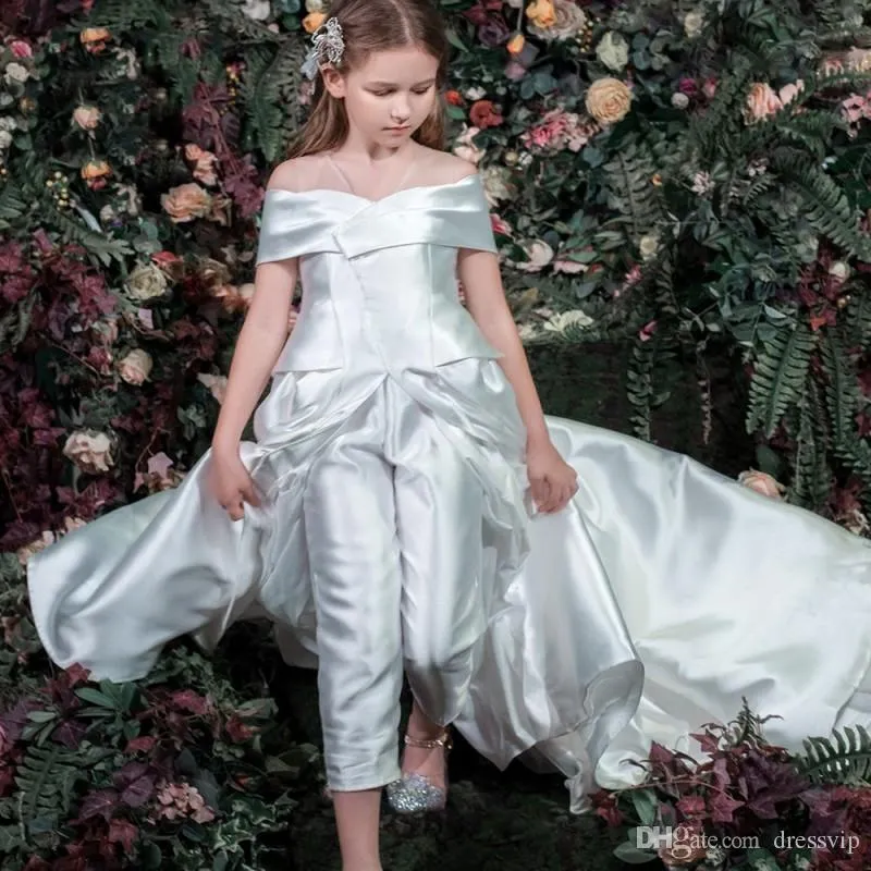 Girls Jumpsuit With Long Train White Flower Girl Dresses Off