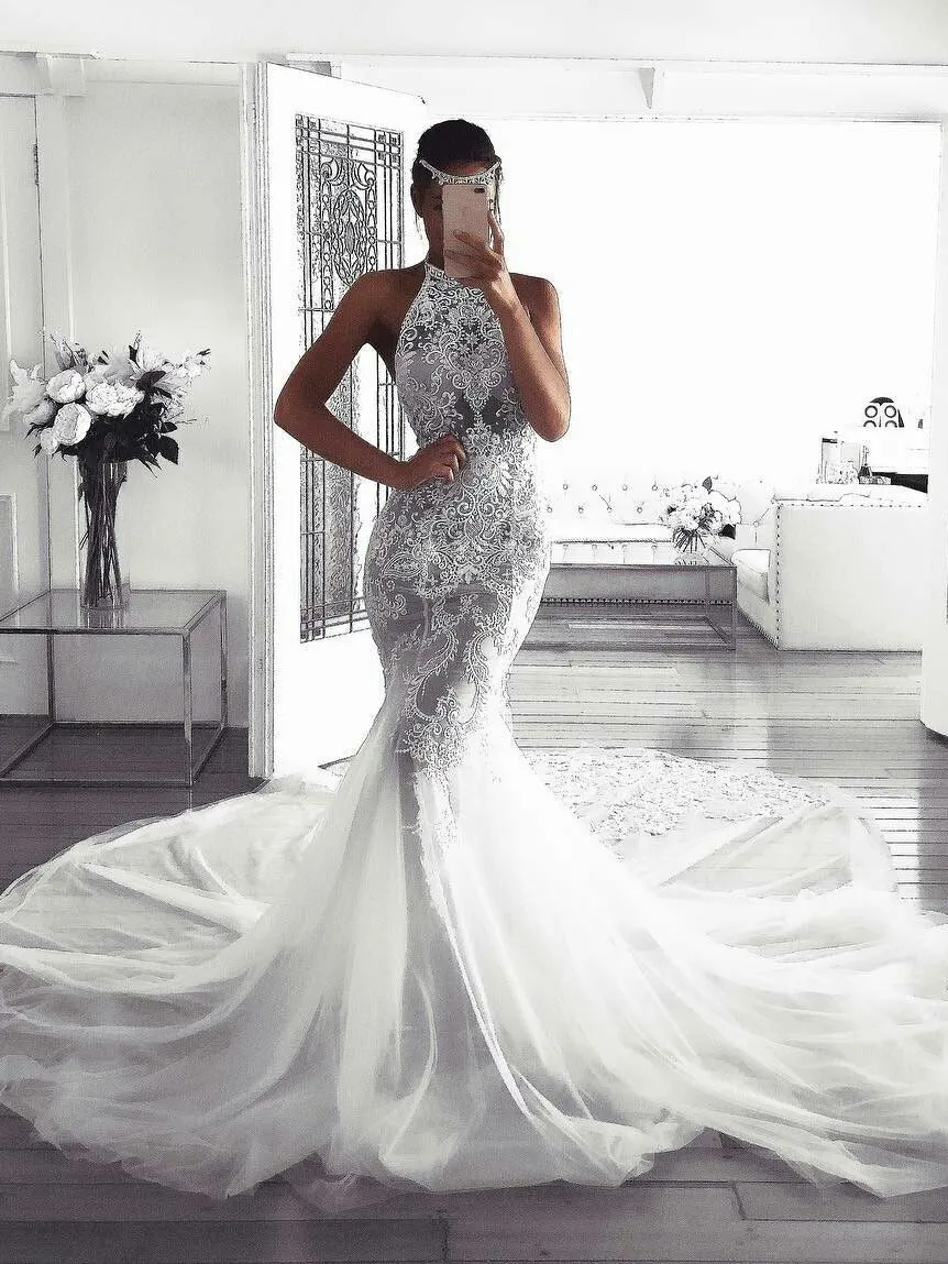 2020 Lace Applique Mermaid fishtail wedding dress with Sheer Top and Beaded Detailing